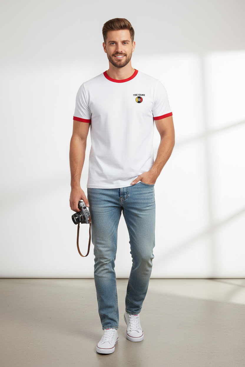 White Red Ringer Tee - Modelled